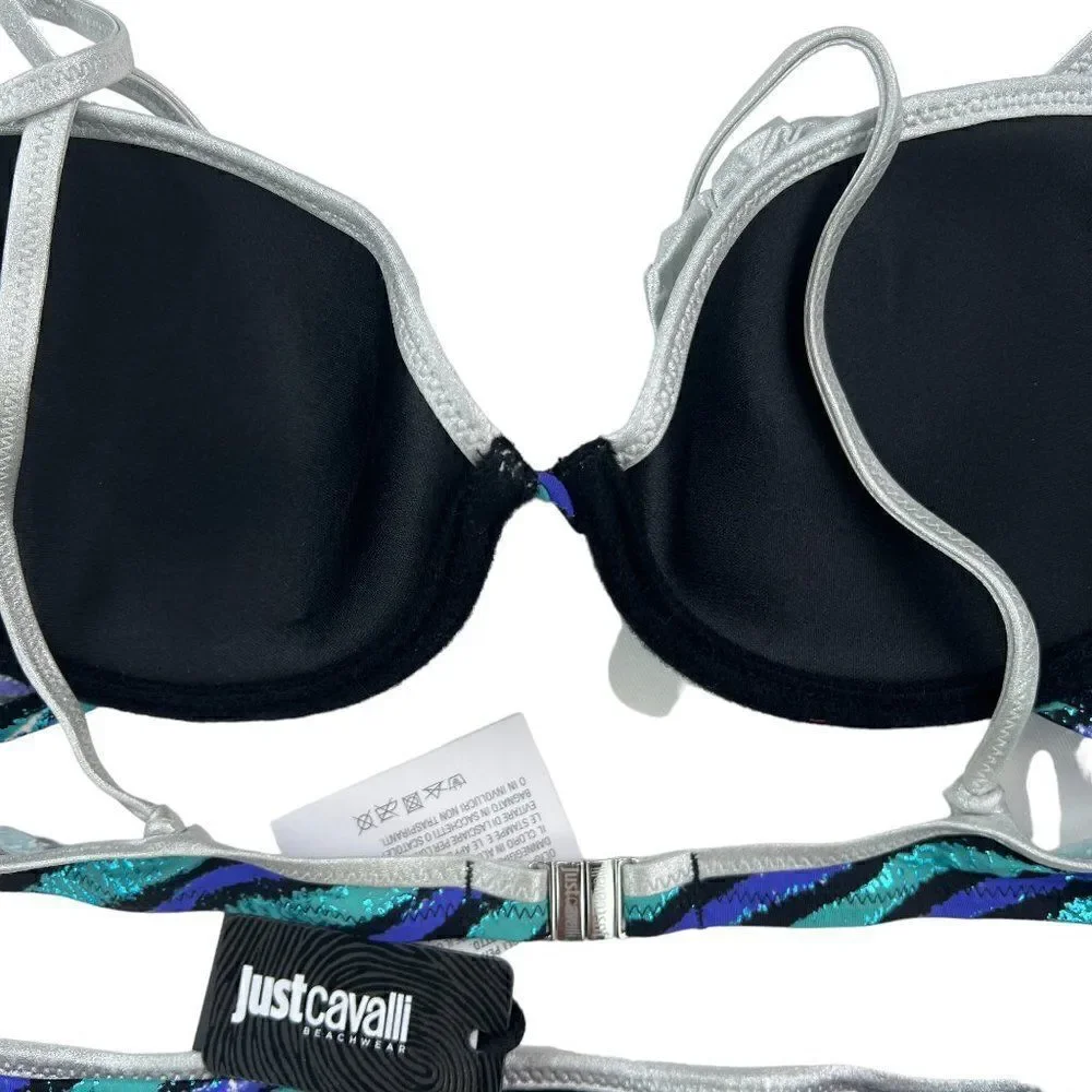 New Just Cavalli Women Stretch Bikini Blue Silver Push-Up Two Piece Swimsuit - Picture 12 of 12